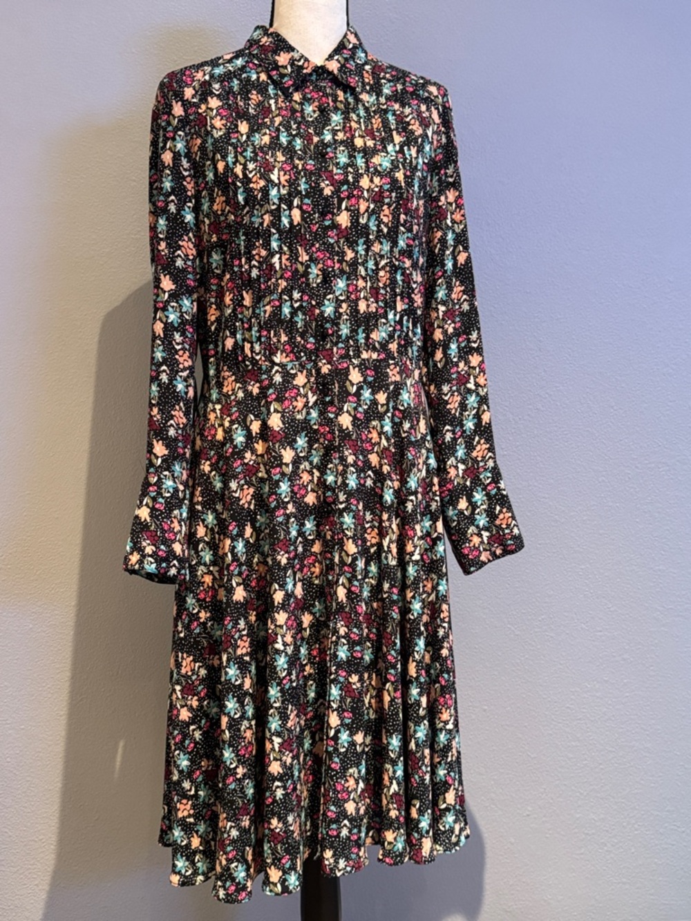 Nanette Lepore Long Sleeve Floral Shirt Dress in Black with Pink & Teal Accents